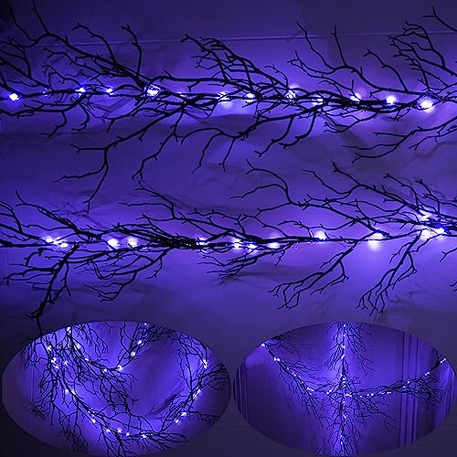 12 FT Black Twig Garland with Timer & Purple LED Lights – Halloween Decor 2 Pack