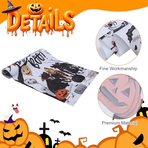 Halloween Pumpkin Skull Boo Table Runner - Black & White, 183x33cm, Festive Kitchen Decor