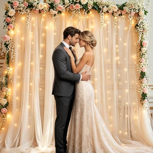 Ivory Tulle Backdrop Curtain with String Lights 10ft x 10ft Wedding & Party Decor — Chesjin