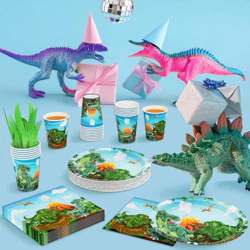 Dinosaur Party Supplies Set for Kids - Plates, Napkins, Cups & Cutlery, Serves 24