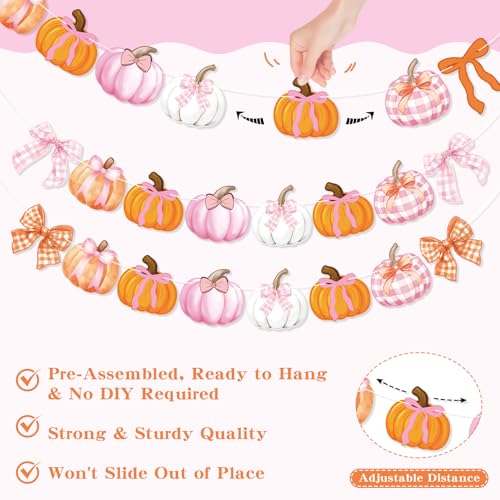 Fall Pumpkin Garland Banner with Bows – Autumn Halloween Thanksgiving Decor