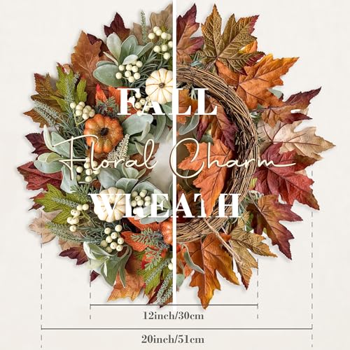 Pumpkin Fall Wreath for Front Door - 20'' Autumn Pumpkin & Maple Leaves - Thanksgiving Harvest Decor - Variation: Pumpkin 20"