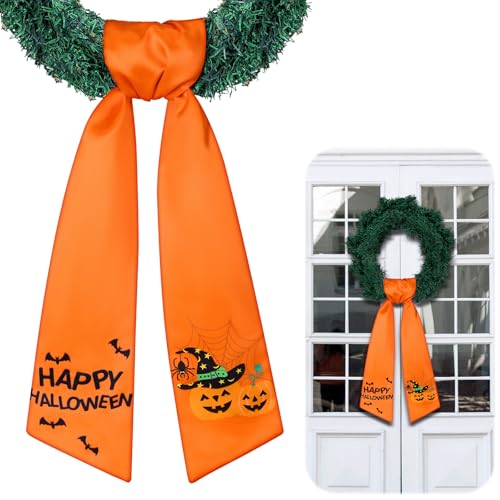 Halloween Wreath Sash Front Door Decor - Orange Embroidery, 56 Inch Variation