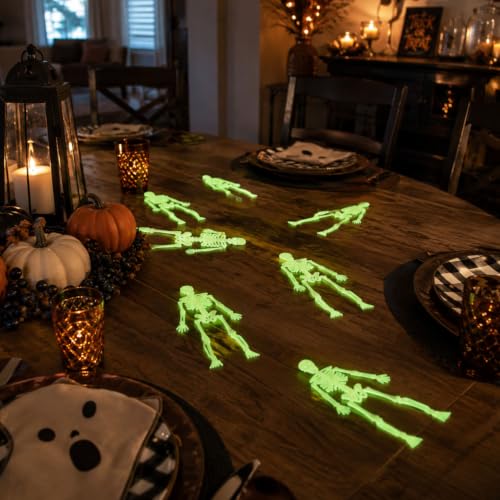 Glow in The Dark Mini Skeleton Decorations Set - 12 Pack, 6 Inch Halloween Hanging Figures with Twine