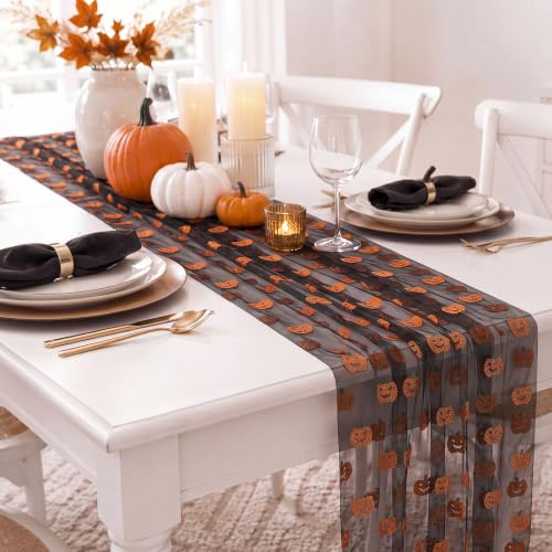 Halloween Pumpkin Table Runner Set - Black Tulle with Jack-o-Lanterns, 4 Pieces, 29x70 Inches - Pumpkin Variation