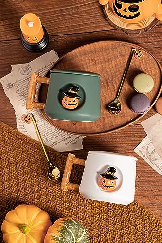 HalloweenG Adorable 3D Ceramic Pumpkin Head Mug with Lid & Spoon - 14oz