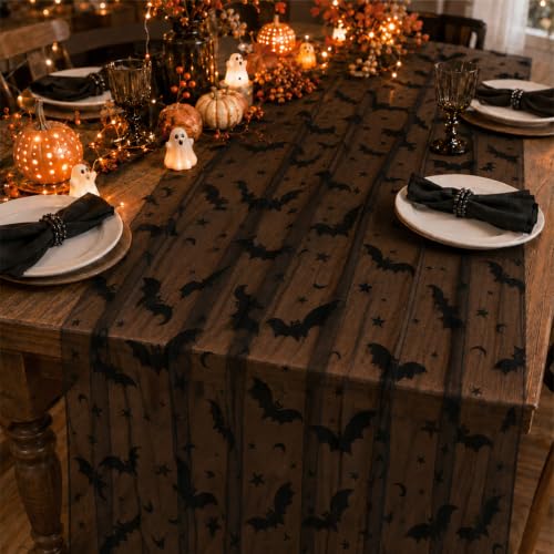 Halloween Table Runner 4Pcs Black Mesh Bat Web Decor 29x72 Inches - Dark Black / Bat Variation