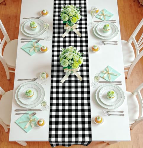 Black Gingham Table Runner - 6 Pcs Disposable Checkered Tablecloths 14x108 Inches - Party & Picnic Decor
