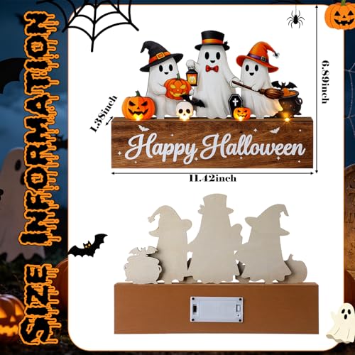 Halloween Ghost Table Decoration with LED Lights - Wooden Indoor Decor