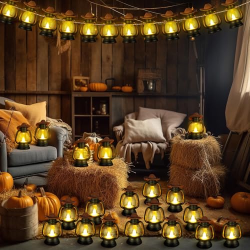 Mini Cowboy Hat Lanterns Set - Rustic LED Candle Decor for Weddings & Parties