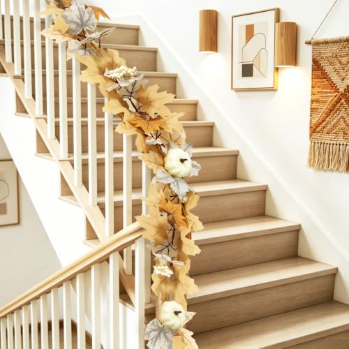 2 Pack Fall Garland with Lights - Maple Leaf Pumpkin Berries Autumn Decor 6Ft