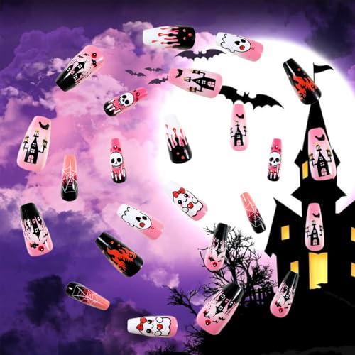 Halloween Press On Nails Set - Glossy Pink Blood Ghost Skull Spiders Variation 59