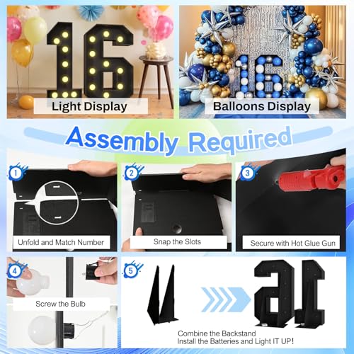 Light Up 16 Black Number 16 - 4FT Foam Marquee for Birthday & Party Decor