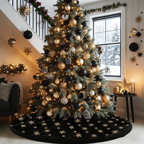 48 Inch Black Gold Faux Fur Christmas Tree Skirt with Sequin Snowflakes