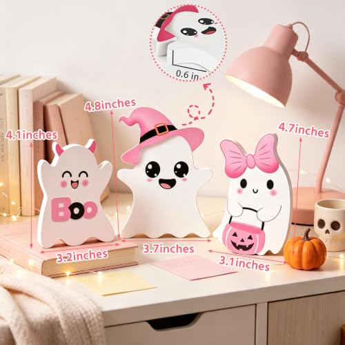 Pink Ghost Halloween Decor - 3 Pcs Wooden Table Centerpieces, Tiered Tray Signs