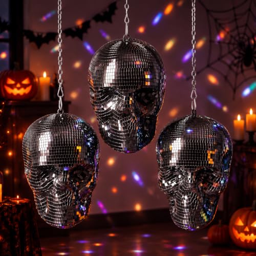 Disco Halloween Skull Decor Set - Black Hanging Mirror Mosaic Ornaments, 6.9 x 4.3 Inches, 3 Pack