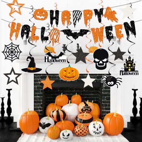 Halloween Wall & Ceiling Decorations Streamers Kit - Black, Orange, White - Indoor Party Decor
