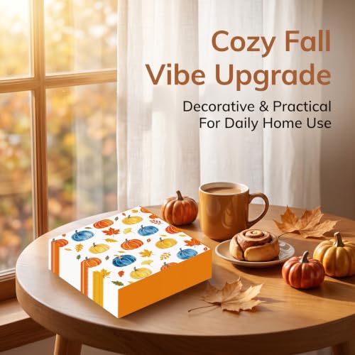 Fall Paper Napkins 13x13 Inches - Pumpkin Maple Leaf Party Set - 50 Pcs