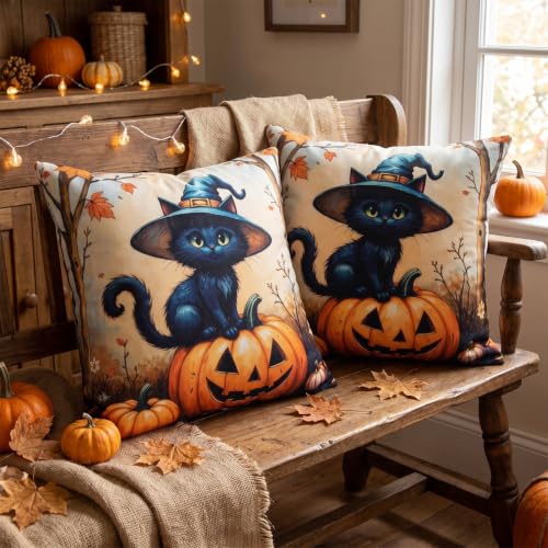 Wizard Cat Halloween Pillow Covers 16x16 Set of 2 - Black Cat Pumpkin Decor