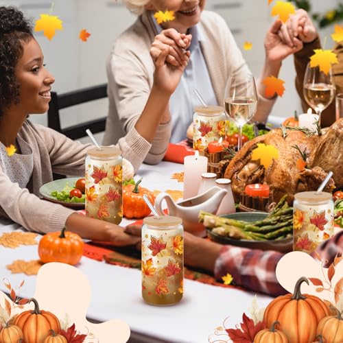 Thanksgiving Maples Glass Cups Set with Lids & Straws - 16oz Autumn Harvest Drinkware