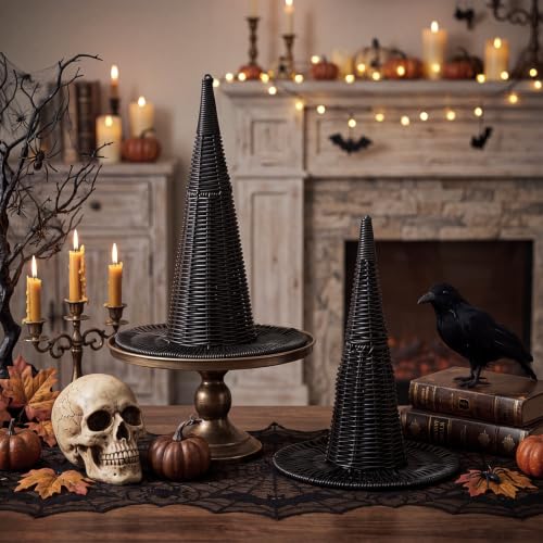 Chicingyou 2 PCS Halloween Rattan Witch Hat Decorations, 15" & 13",