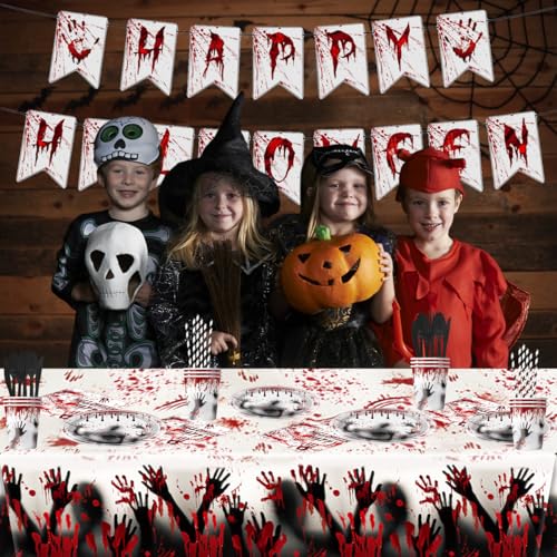 Halloween Bloody Tableware Set with Plates Cups Napkins & Banner - 107 Pieces