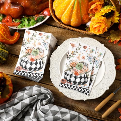Fall Thanksgiving Pumpkin Napkins - Black & White Plaid Pumpkin Design, 200 Pcs