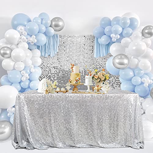 Silver Sequin Tablecloth for Party & Holiday Events 132x90 Inches Rectangular