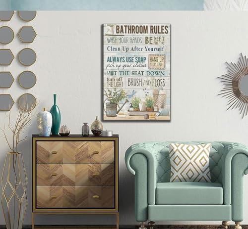 Bathroom Rules Wall Art - Canvas Wall Decor 24x16 Inches - Farmhouse Bathroom Slogan