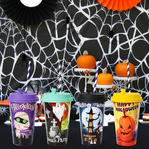 Halloween Party Cups Set - 24 Reusable Plastic Cups with Lids & Plugs, 16oz Spooky Designs