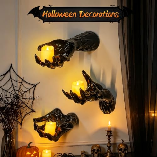 Halloween Wall Decor Set of 3 Creepy Gothic Reaching Hands with Candles