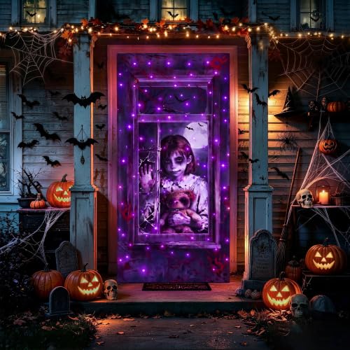 Purple Halloween Door Cover with Lights 37x81 Inch - 8 Modes, Weatherproof, Timer