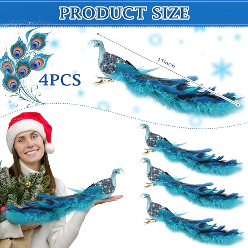 Set of 4 Peacock Christmas Tree Ornaments - Long Feather Bird Decorations for Holiday Decor
