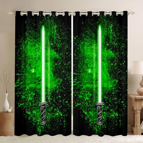 Kids & Teens Light-Up Lightsaber Curtain Set - Green 52x84 Inch Blackout Window Decor