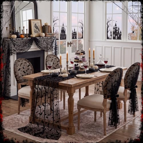 Bat Halloween Table Runner Set - Black Flocked Lace, 3 Pieces, 70x30 Inches