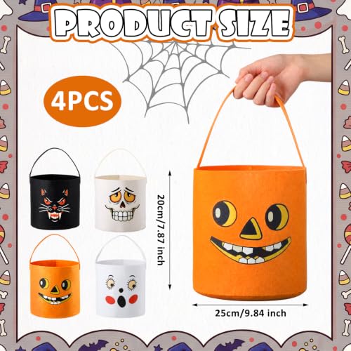 Vivid Style Halloween Candy Baskets Set of 4 with Handles - Ghost, Black Cat, Skeleton Designs