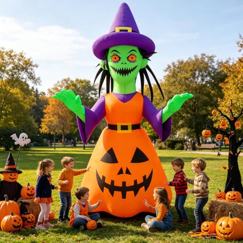 12ft Halloween Inflatable Witch Decor with LED Lights for Outdoor Yard Yard Party