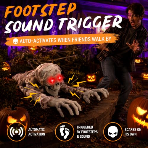 Crawling Zombie Animatronic Halloween Decoration with Light-Up Red Eyes & Sound