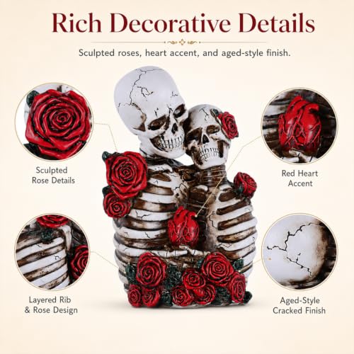 Skeleton Couple Figurines Halloween Day of the Dead Decor Gothic Valentine Statue - White & Red