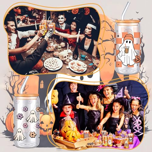 Halloween Ghost Glass Cup 16 oz with Lid & Straw - Ghost Flower Variation