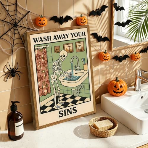 Halloween Gothic Skeleton Wall Art - Framed Moody Bathroom Decor 16x24 Inches