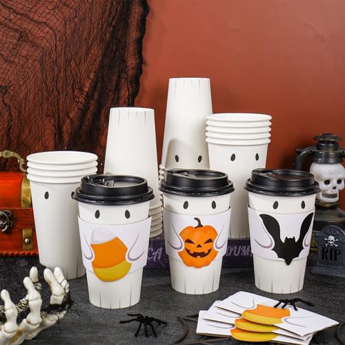 White 16 Oz Halloween Disposable Coffee Cups with Lids, Bat & Pumpkin Sleeves - 60 Set