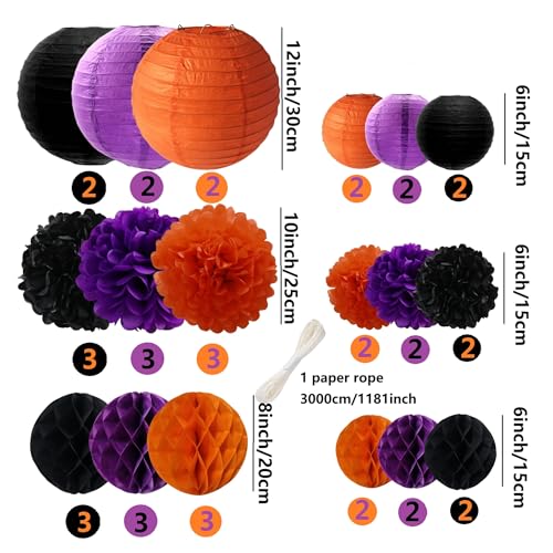 Halloween Party Paper Decoration Set - Lanterns, Pom Poms, Honeycomb Balls, 42 Pieces
