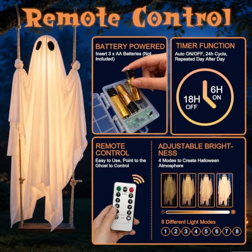 5Ft Outdoor Halloween Ghost Decoration with Remote LED Lights - Spooky Floating Ghost for Yard & Garden