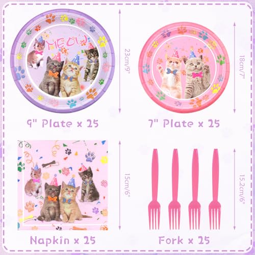 Cat Birthday Party Supplies Set for 25 Guests - Plates, Napkins, Forks & Backdrop