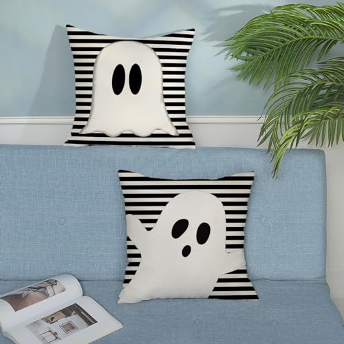 Halloween Pillow Covers 24x24 Set of 2 Ghost Stripe Linen Outdoor Decor - Black & White