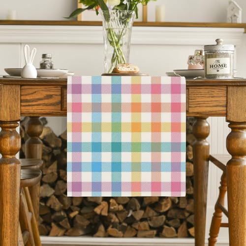 Easter Table Runner - Multicolor Buffalo Plaid Linen Fabric, 13 x 72 Inches