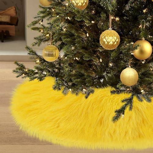 Yellow Fur Christmas Tree Skirt 36 Inch - Fluffy Faux Fur Holiday Decor