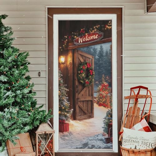 Welcome Christmas Door Cover - Stretch Fabric Porch Decor 35x79 Inches - Holiday Doorway Decoration