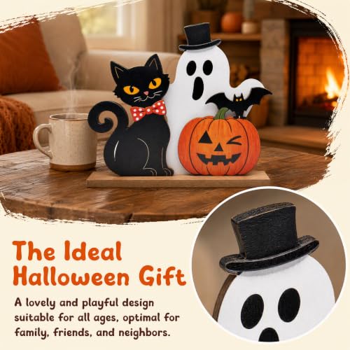 Halloween Wooden Tabletop Decor - Top Hat Ghost, Black Cat, Pumpkin & Bat
